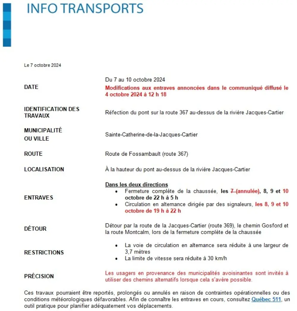 Communique Info Transport le 7 octobre Pont riviere Jacques Cartier