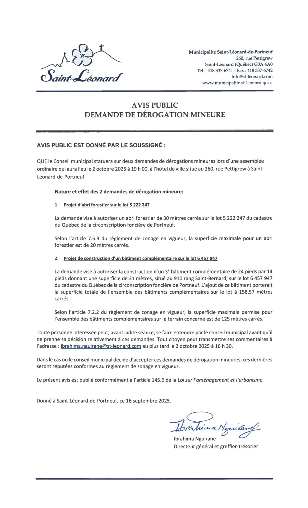 Avis public - Demande de dérogation mineure