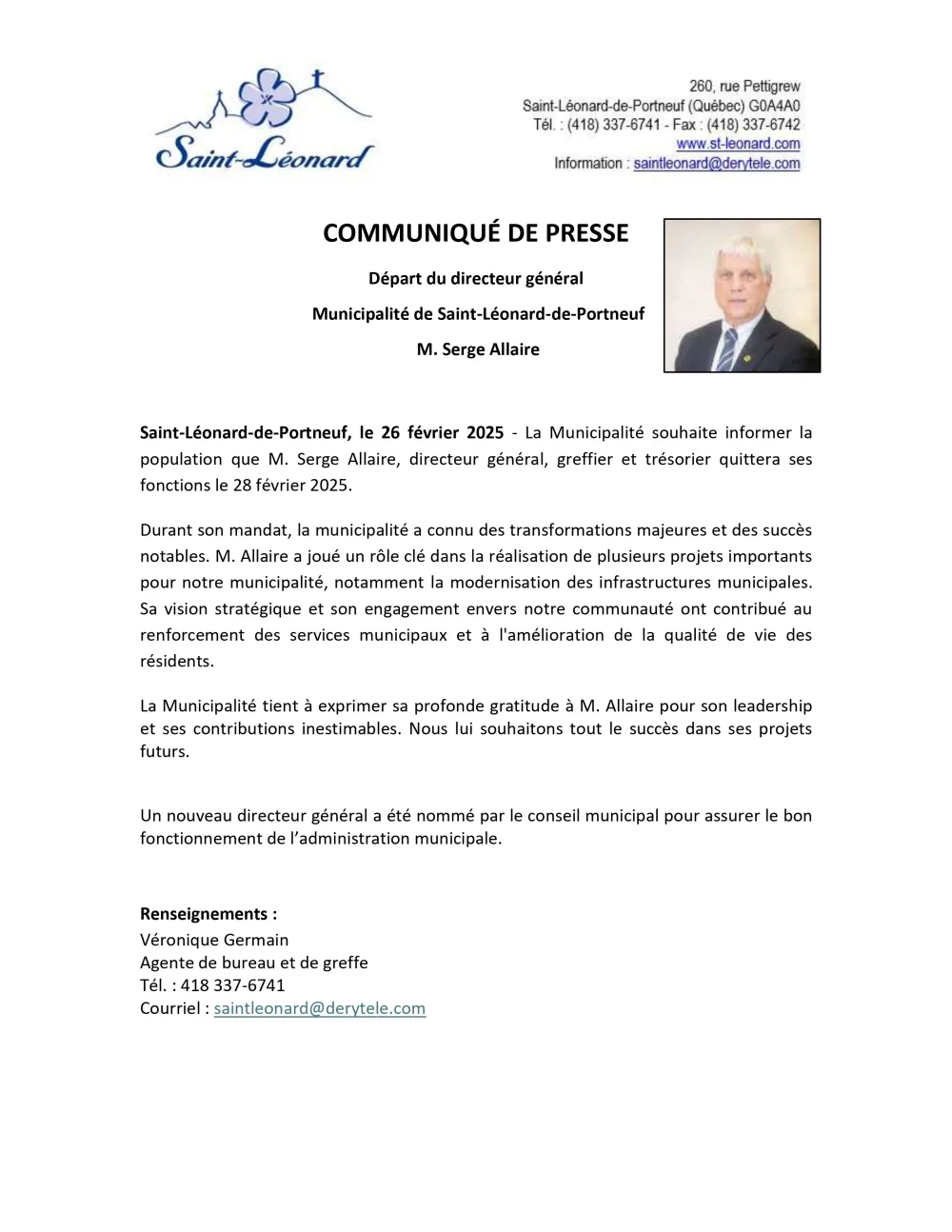 COMMUNIQUE DE PRESSE DEPART DG Serge finale